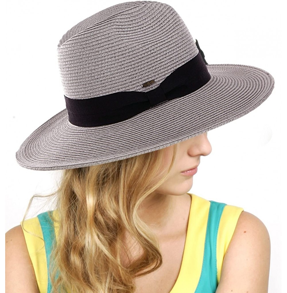 Fedoras Lightweight Solid Color Band Braided Panama Fedora Sun Hat - Gray - CR11WWYH5RP
