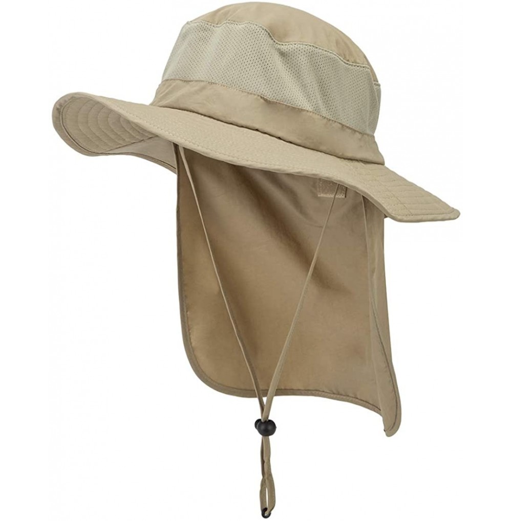 Sun Hats Unisex Sun Hat Outdoor UV Protecting Wide Brim Mesh Fishing Hat with Velcro Stowable Neck Flap - Khaki - CO18U6LZ6Q6