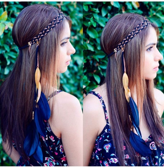 Headbands Women Feather Leaf Tassels Braided Hippie Headband Hair Accessories - Black - CI12JO0E0CR
