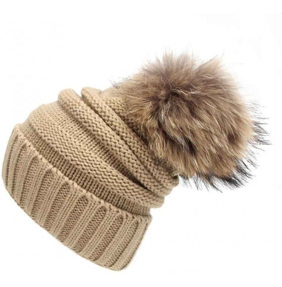 Skullies & Beanies Womens Winter Soft Cozy Hand Knit Faux Fur Pompoms Beanie Hat(Khaki- one-Size) - Khaki - C518I2T6URH