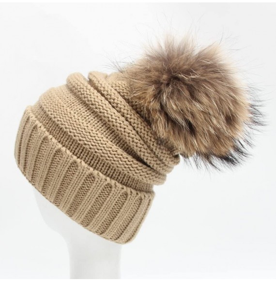 Skullies & Beanies Womens Winter Soft Cozy Hand Knit Faux Fur Pompoms Beanie Hat(Khaki- one-Size) - Khaki - C518I2T6URH