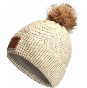 Skullies & Beanies Exclusives Geometric Cable Beanie Hat with Faux Fur Pom (HAT-2298) - Beige - CV18S5QT2D0