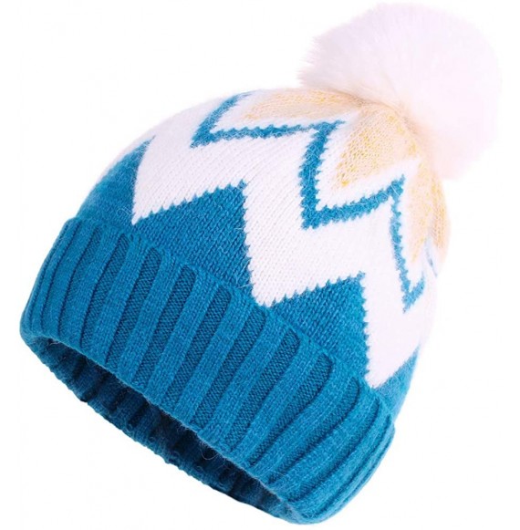 Skullies & Beanies Women Knit Wool Beanie - Slouchy Beanie Winter Hat with Faux Fur Pompom Soft Warm Ski Cap - Blue - CK18YEA...