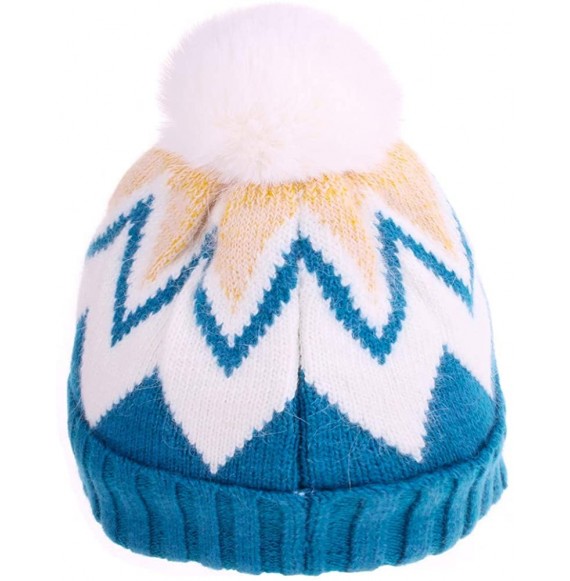 Skullies & Beanies Women Knit Wool Beanie - Slouchy Beanie Winter Hat with Faux Fur Pompom Soft Warm Ski Cap - Blue - CK18YEA...