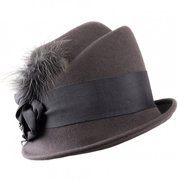 Bucket Hats Rhinestone Pendant Feather Band Accent Wool Felt Bucket Cloche Hat - Gray - CU11P3HOSZF