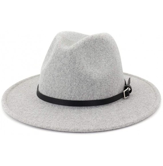 Fedoras Womens Classic Wool Fedora with Belt Buckle Wide Brim Panama Hat - A-light Grey - C018YH76R89