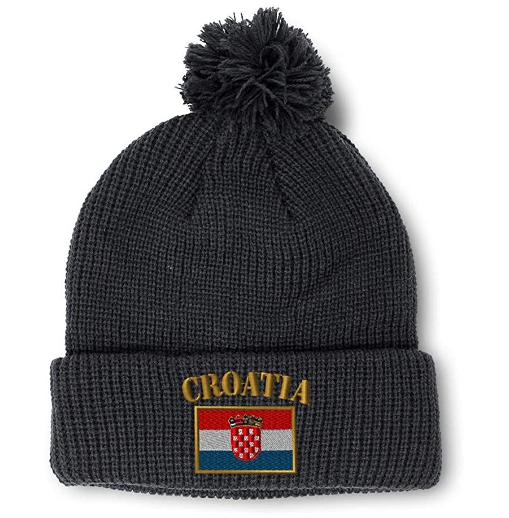 Skullies & Beanies Winter Pom Pom Beanie for Men & Women Croatia Flag Embroidery Skull Cap Hat - Black - CR18ZH6KDES