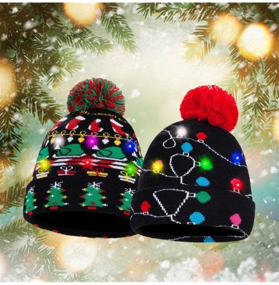 Skullies & Beanies Novelty LED Light Up Christmas Hat Knitted Ugly Sweater Holiday Xmas Beanie Colorful Funny Hat Gift - C318...