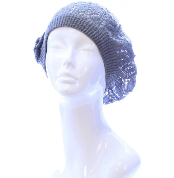 Berets Open Weave Womens Crochet Mesh Beanie Hat Flower Fashion Soft Knit Beret Cap - Dark Gray Leafy - CO182ZUULI4
