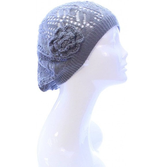 Berets Open Weave Womens Crochet Mesh Beanie Hat Flower Fashion Soft Knit Beret Cap - Dark Gray Leafy - CO182ZUULI4