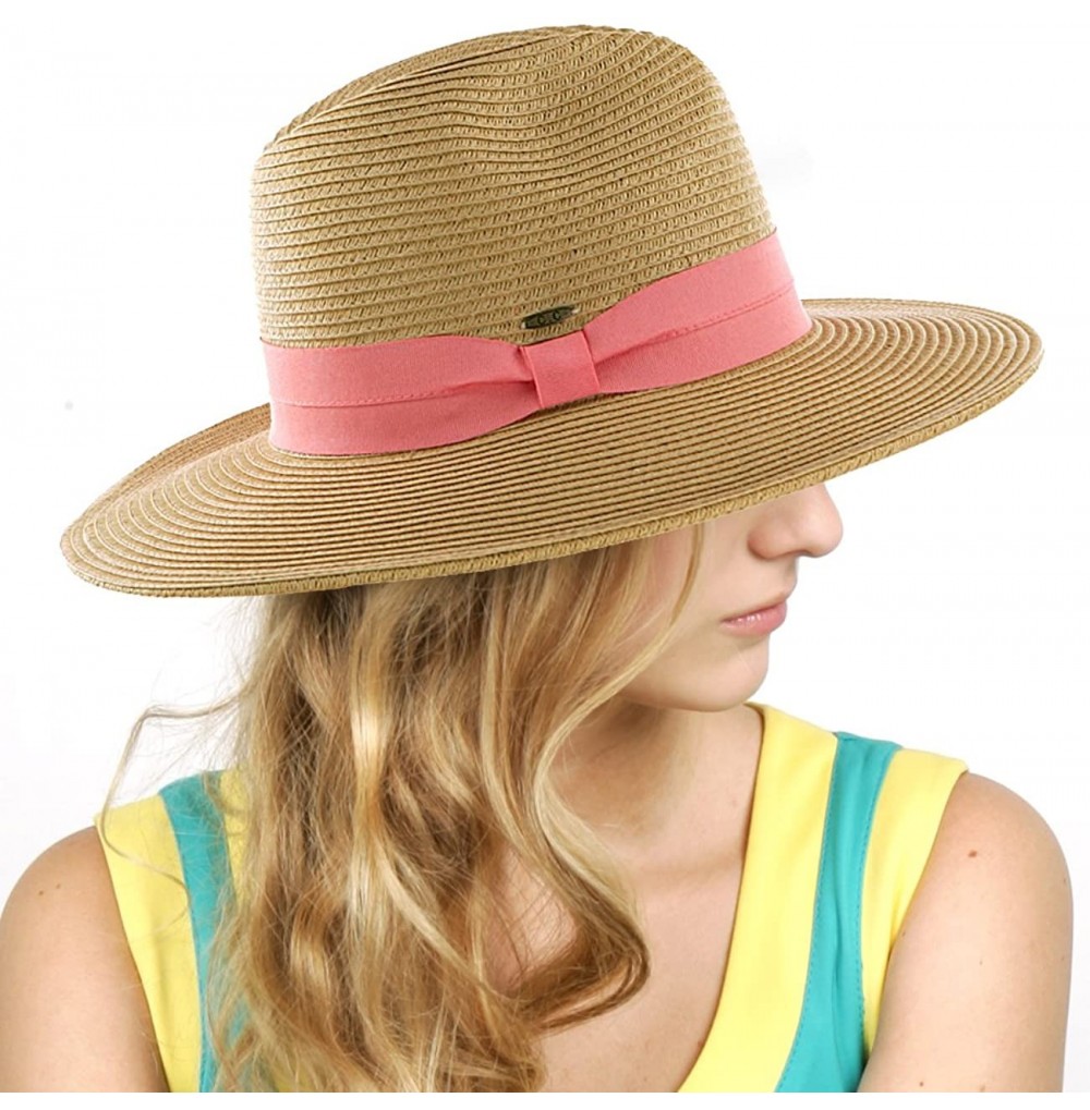 Fedoras Lightweight Solid Color Band Braided Panama Fedora Sun Hat - Dark Natural/Coral - CP11WWYGA9X