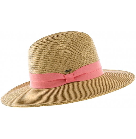 Fedoras Lightweight Solid Color Band Braided Panama Fedora Sun Hat - Dark Natural/Coral - CP11WWYGA9X