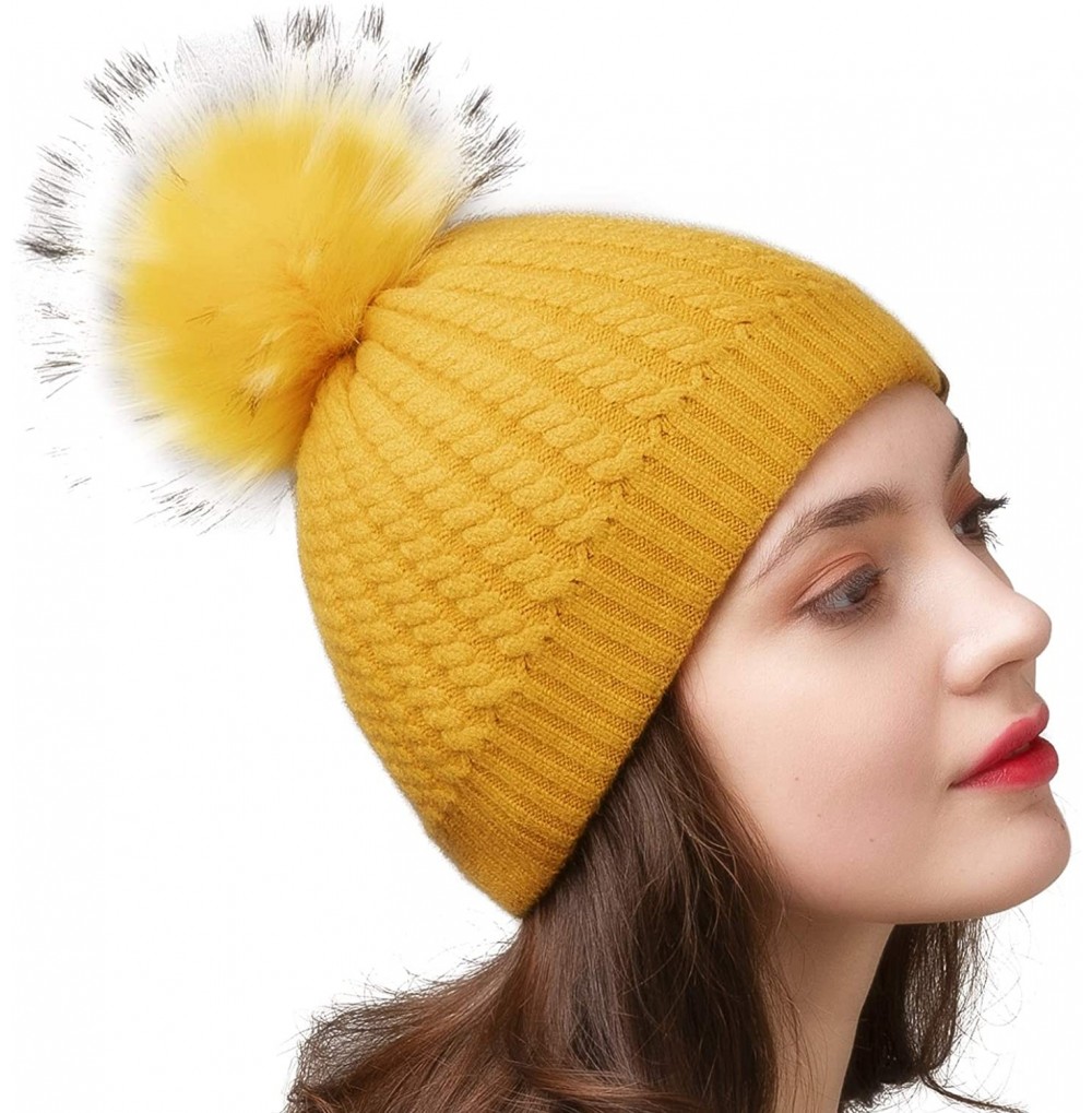 Skullies & Beanies Winter Beanie for Women Warm Knit Bobble Skull Cap Big Fur Pom Pom Hats for Women - 10 Yellow - CZ18UAS8IOD