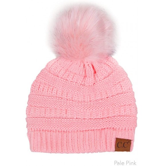 Skullies & Beanies Exclusive Soft Stretch Cable Knit Faux Fur Pom Pom Beanie Hat - Pale Pink - CT12N2SM5WW