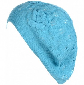 Berets Chic Parisian Style Soft Lightweight Crochet Cutout Knit Beret Beanie Hat - Aqua Leafy - C912MX0CW62