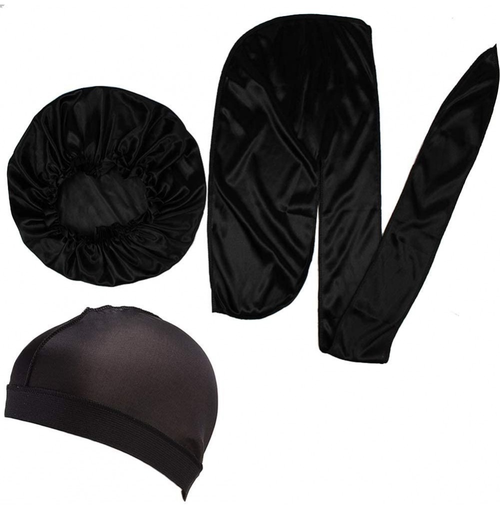 Skullies & Beanies Men Silk Durag Long Straps Bandanas for Men Headwear Waves Cap - Black Set - CS18XXXLEC5