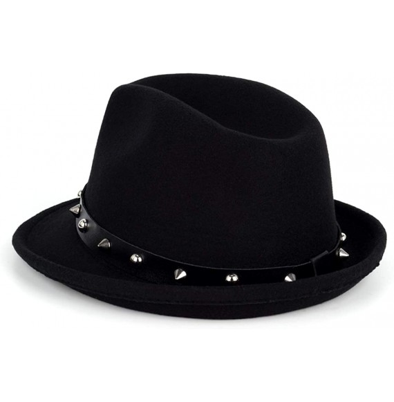 Fedoras Men's Trilby Fedora Hats Classic Manhattan Structured Wool Felt Short Brim Rivet Trilby Hat - Black - CY18XQD89YD