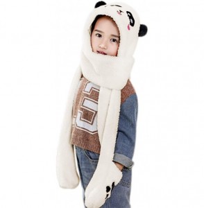 Cold Weather Headbands Women Girls Cute Panda Animal Winter Hats 3 in 1 Warm Plush Hoodie Cap Paw Gloves Mitten Scarf Set - C...