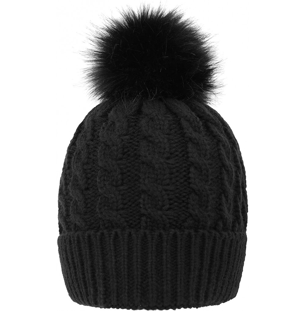 Skullies & Beanies Women's Winter Soft Knit Beanie Hat with Faux Fur Pom Pom - Fleece Lined_black 1 - CC18SC66AQO