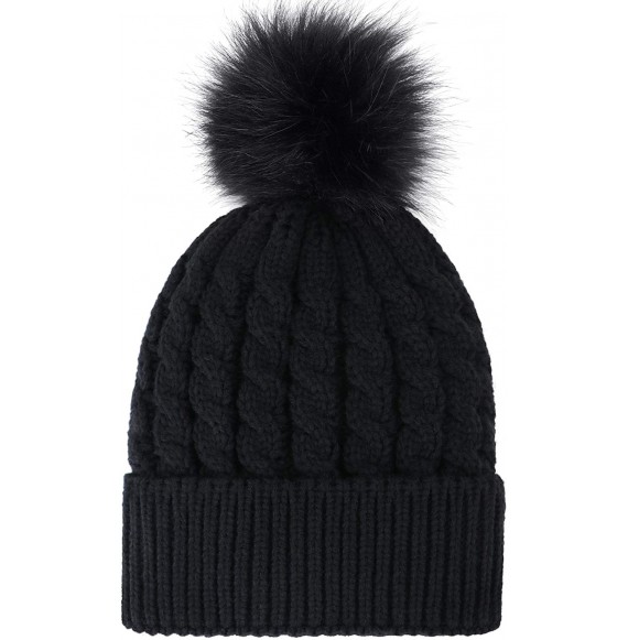 Skullies & Beanies Women's Winter Soft Knit Beanie Hat with Faux Fur Pom Pom - Fleece Lined_black 1 - CC18SC66AQO