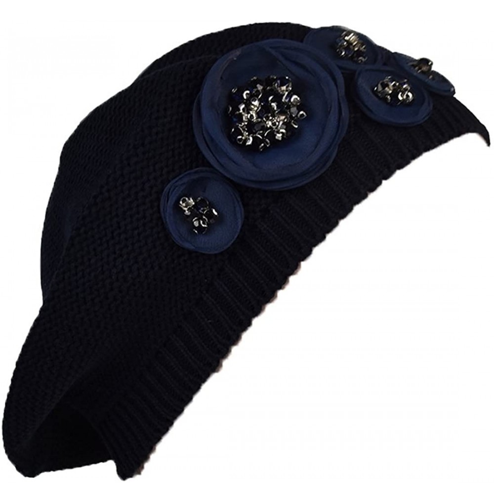 Berets Ladies Knit Beret with Chiffon Circles Stylish Berets for Women - Navy - CE180U6UQU0