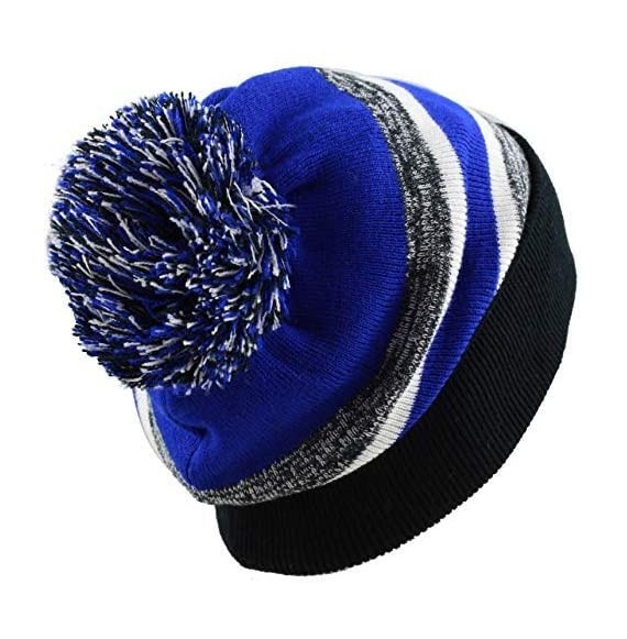 Skullies & Beanies Winter Soft Unisex Cuff Pom Pom Stripe Knit Beanie Skull Slouch Hat - Black-royal - CC18IT45IAG