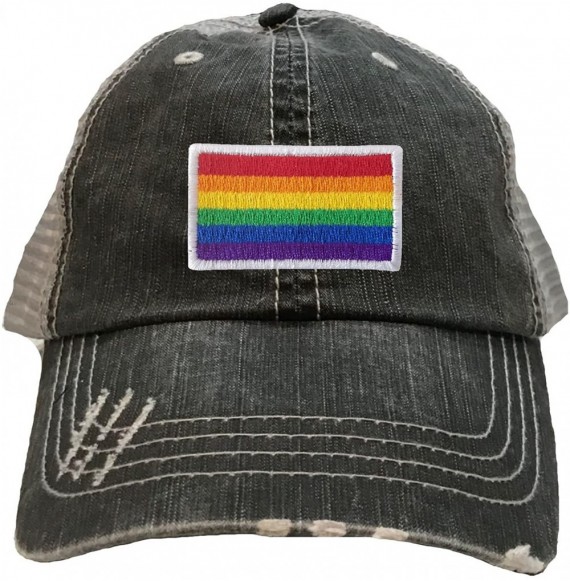 Baseball Caps Adult Rainbow Gay & Lesbian Pride Flag Embroidered Distressed Trucker Cap - Black/ Grey - CX180RHD3Y5