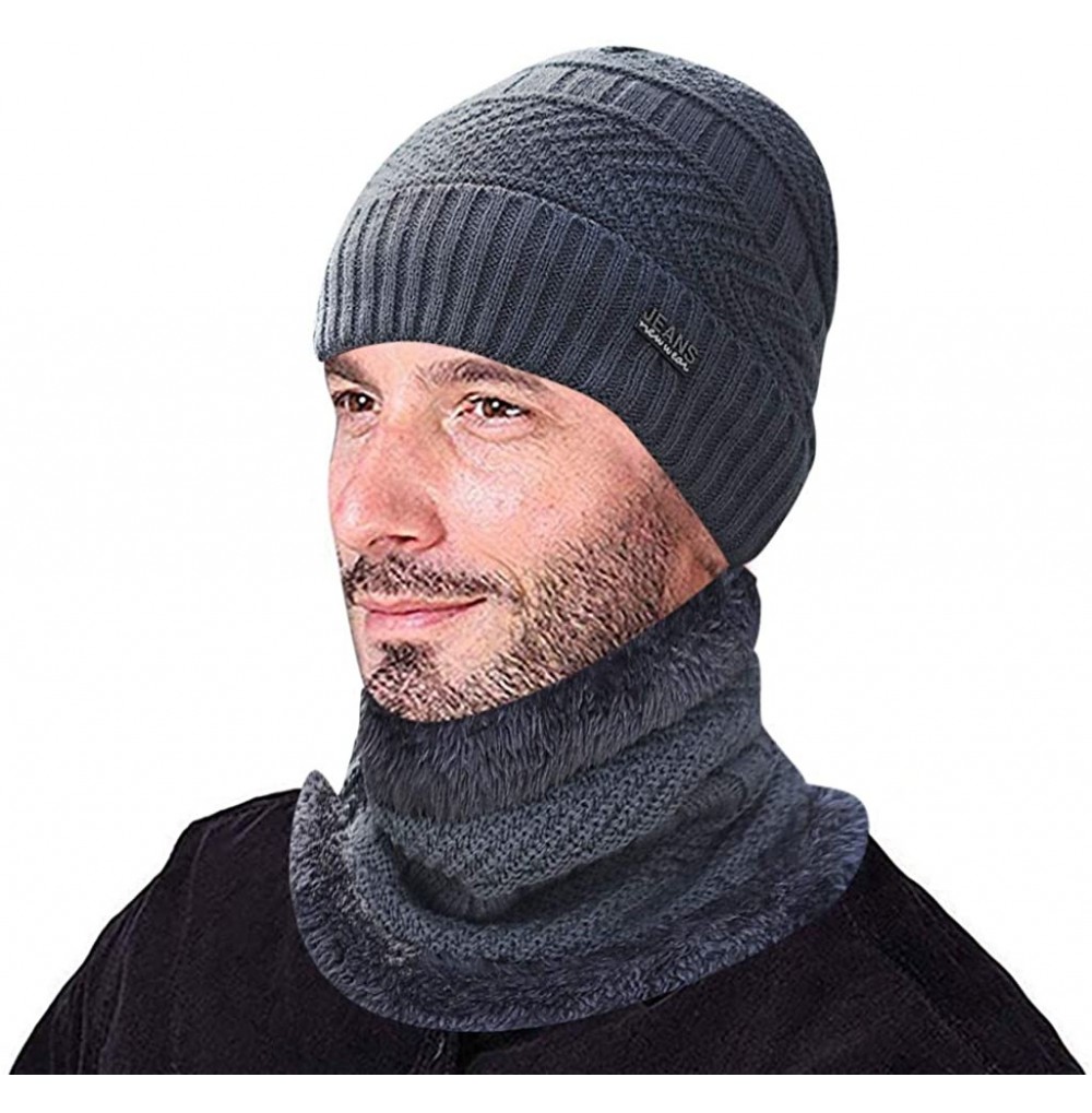 Skullies & Beanies Men's Warm Beanie Winter Thicken Hat and Scarf Two-Piece Knitted Windproof Cap Set - C-gray - C4193CCACRW