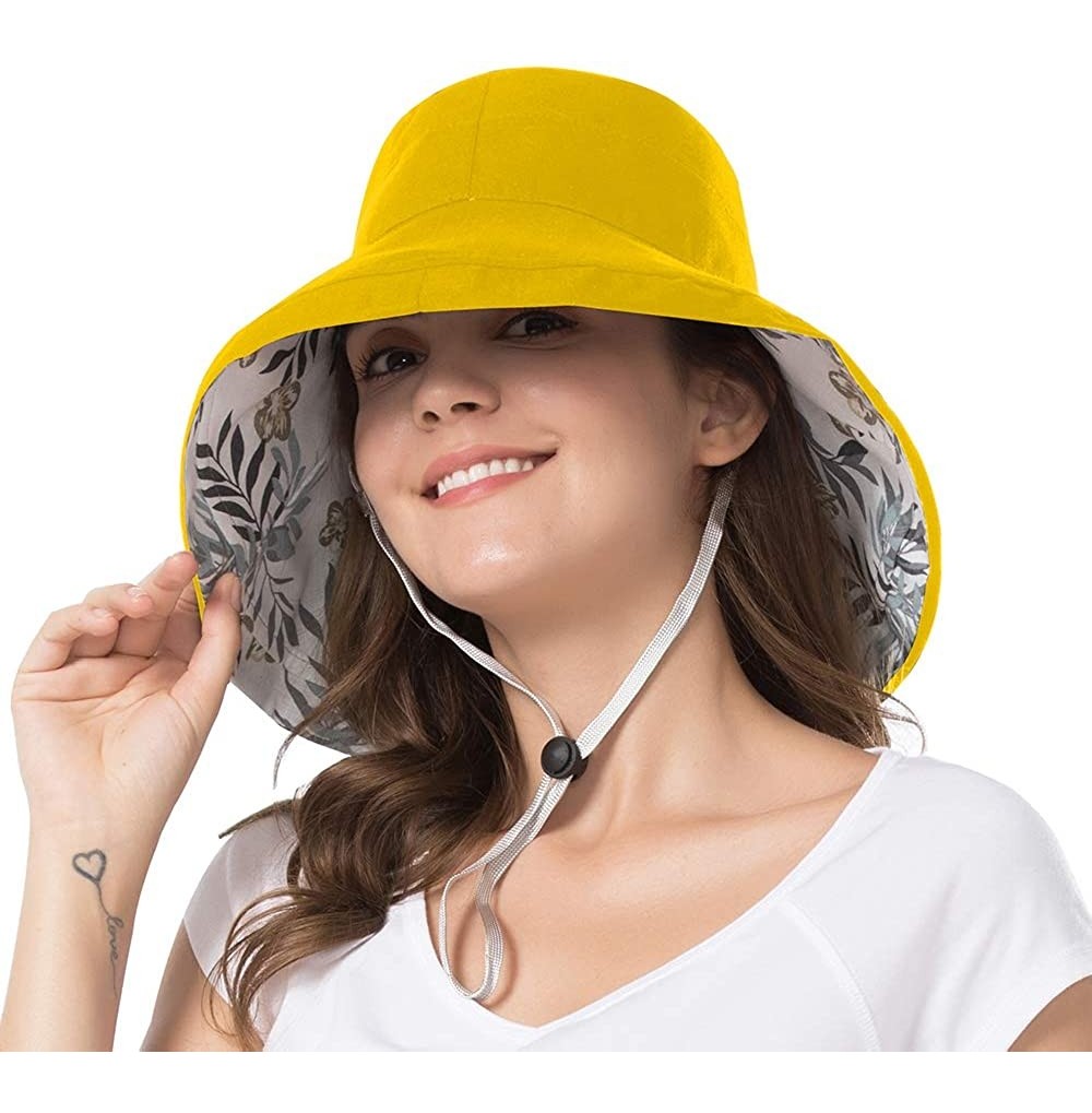Sun Hats Women Wide Brim Sun Hats Foldable UPF 50+ Sun Protective Bucket Hat - Printing-yellow - C818T6SLOAI