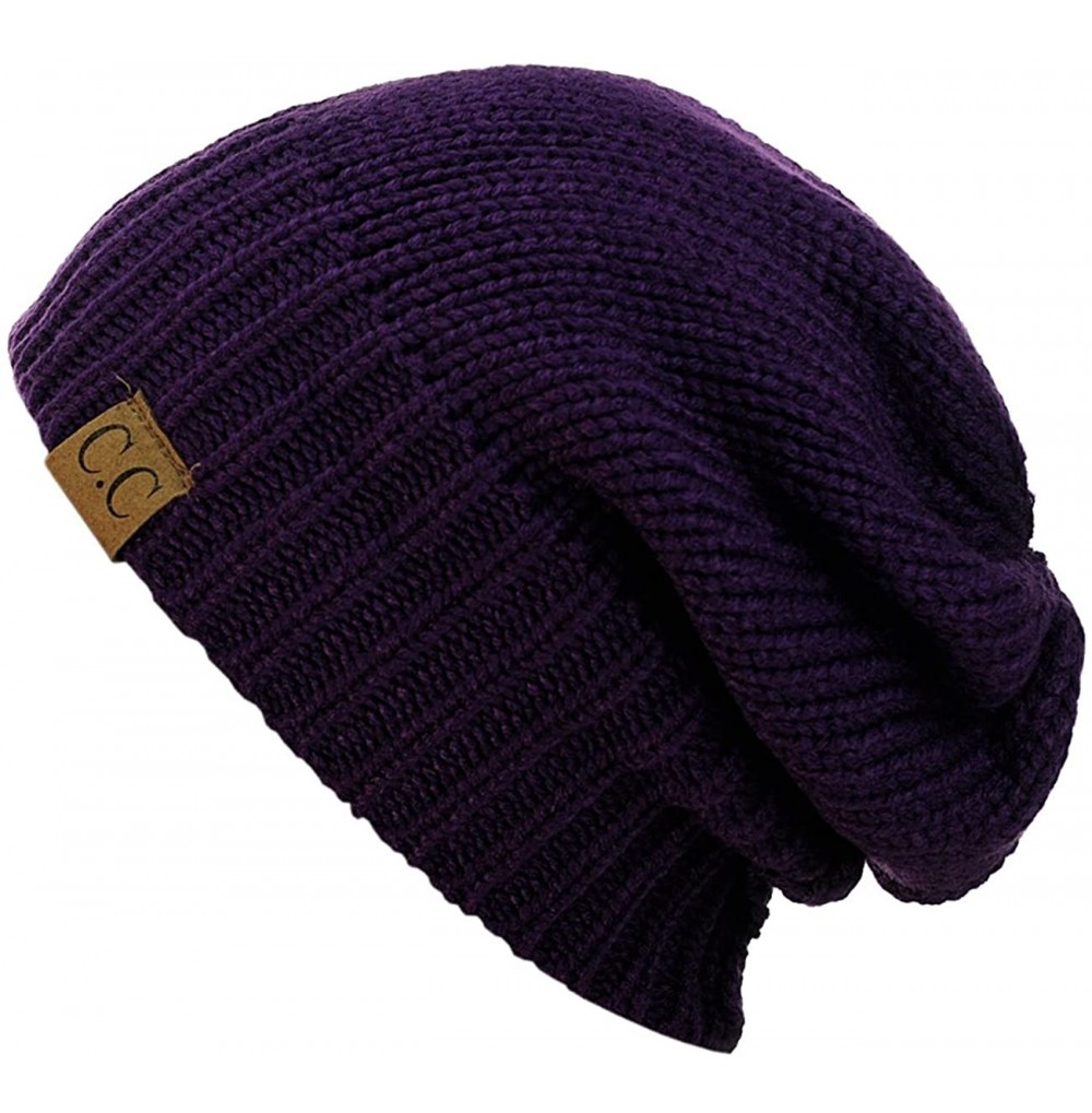 Skullies & Beanies Exclusive Two Way Cuff & Slouch Warm Knit Ribbed Beanie - Dark Purple - C3125H8F2AX