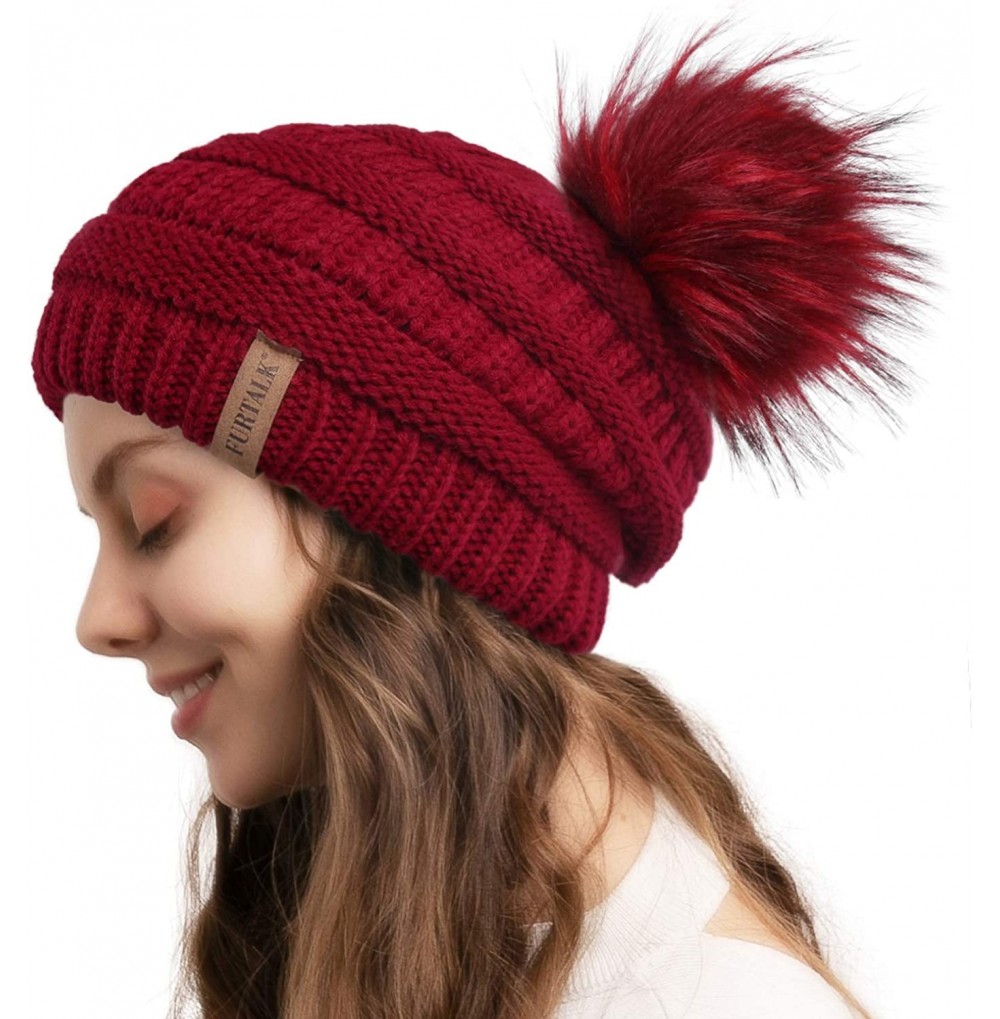 Skullies & Beanies Womens Winter Knit Slouchy Beanie Hat Warm Skull Ski Cap Faux Fur Pom Pom Hats for Women - CO18UDL5NKU