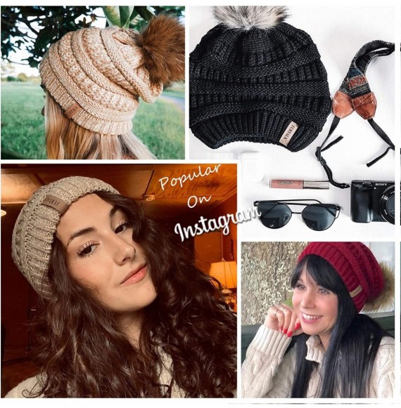 Skullies & Beanies Womens Winter Knit Slouchy Beanie Hat Warm Skull Ski Cap Faux Fur Pom Pom Hats for Women - CO18UDL5NKU