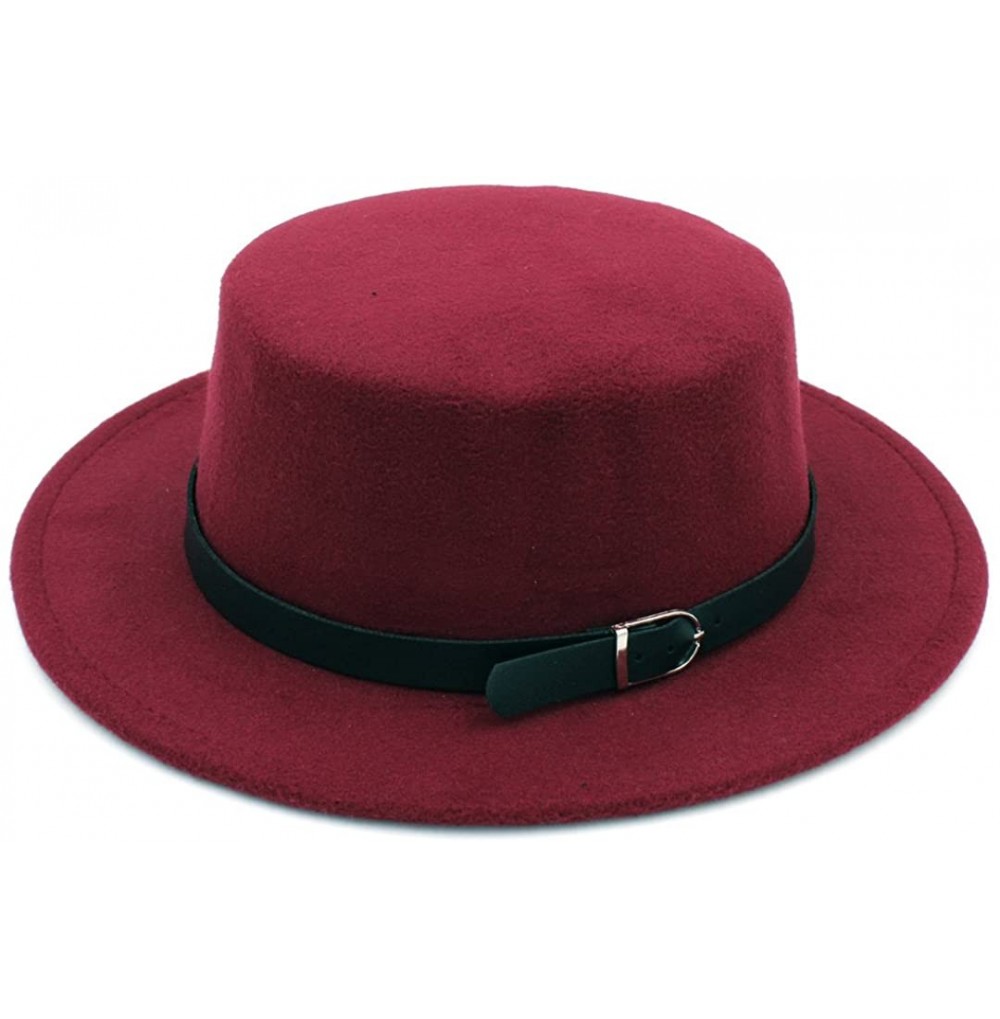 Fedoras Women Wool Blend Boater Hat Sailor Flat Top Bowler Cap Belt Buckle Band - Wine Red - C6184X5C9SG