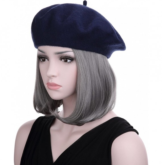 Berets French Style Classic Solid Color Wool Berets Beanies Cap Hats - Navy - CI1945KWNX6