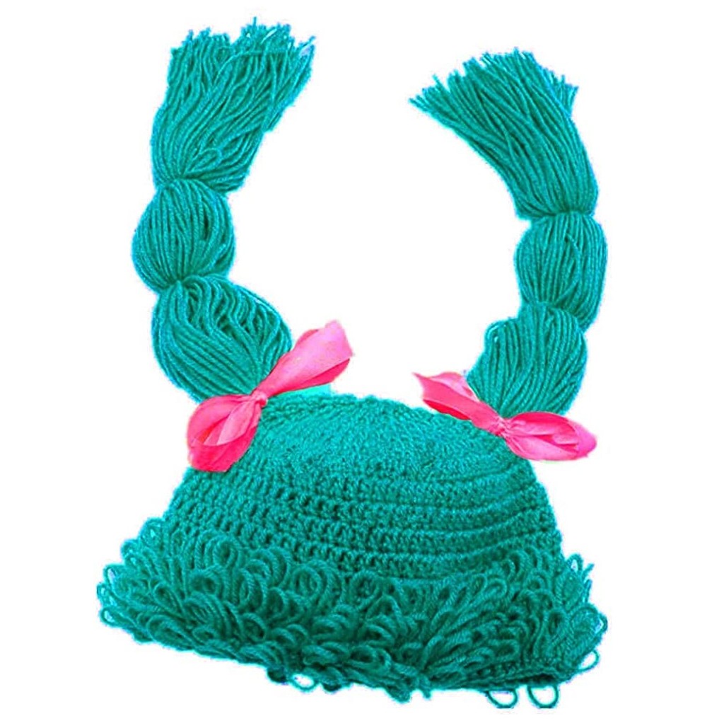 Skullies & Beanies Knitted Pigtail Wig Beanie Handmade Women Girl's Braid Hat Bowknot Cap - Peacock Blue - CN18QND83WO