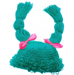 Skullies & Beanies Knitted Pigtail Wig Beanie Handmade Women Girl's Braid Hat Bowknot Cap - Peacock Blue - CN18QND83WO