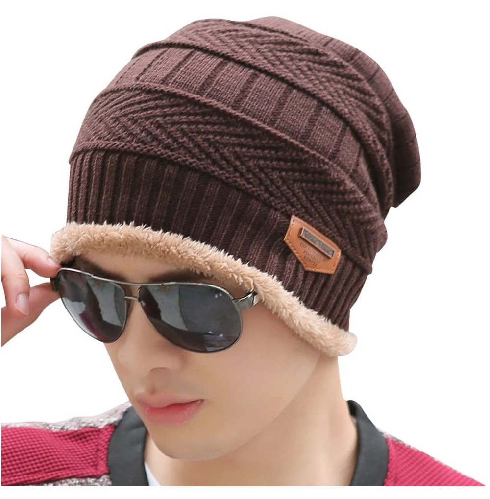 Skullies & Beanies Slouchy Beanie Winter Hats for Men Windproof Scarf Warm Snow Knit Skull Cap - Brown - CI12NURUNFO