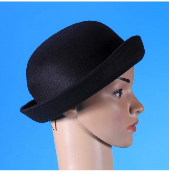 Fedoras Bowler Hat Wool Derby Hat Roll-up Brim Fedora Hat for Women (Black) - C512O0P4D1E