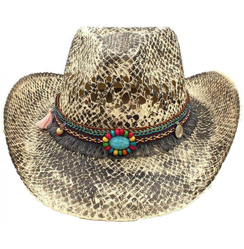 Cowboy Hats Woven Straw Western Cowboy Hat Vintage Wide Brim Outback Sun Hat with Leather Belt - C5 Cak - CB18S5A4Z64
