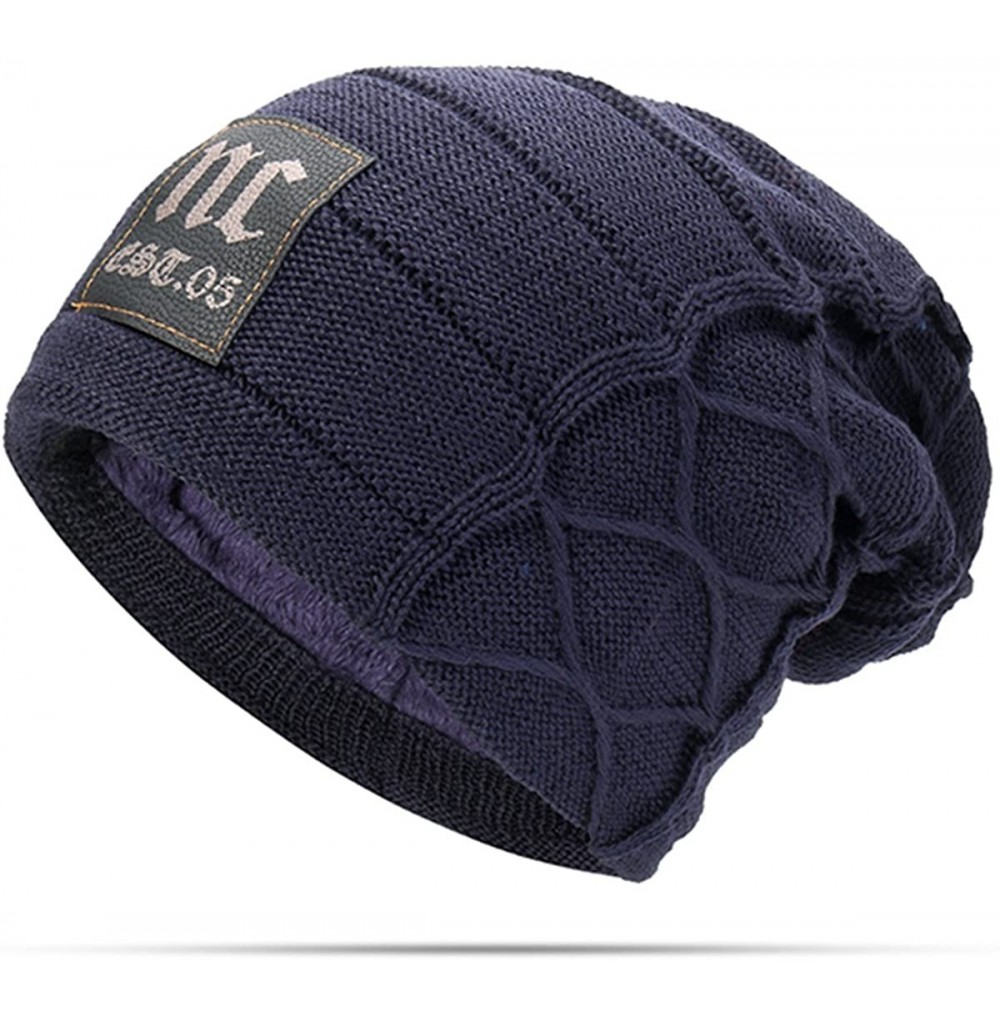 Skullies & Beanies Knit Skull Cap- Men's Winter Warm Knitting Hats Slouchy Cable Knitted Beanie-Plus Velvet - Navy - C0189LDUCY7