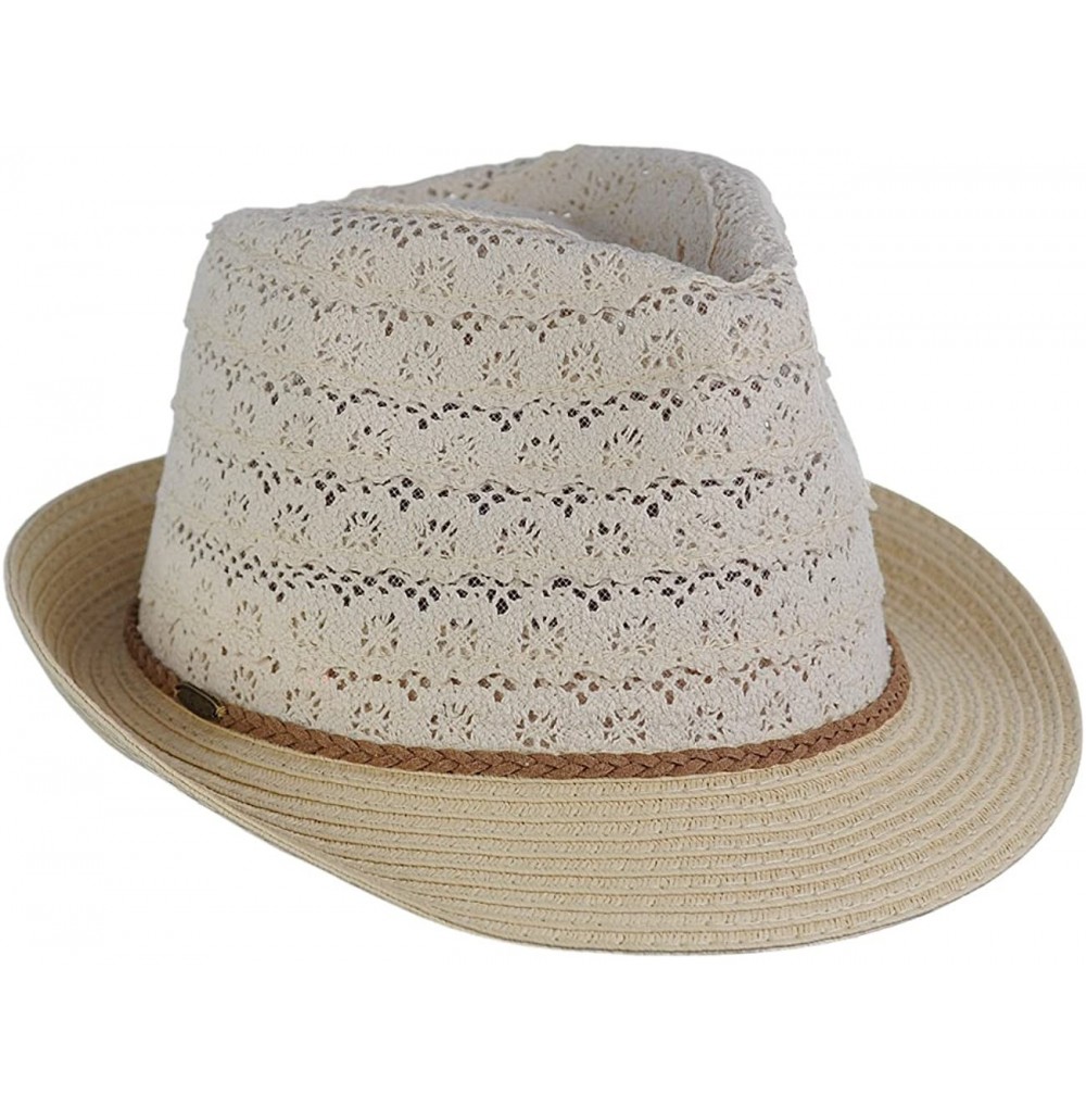 Fedoras Children's Brown Braided Trim Spring Summer Cotton Lace Vented Fedora Hat - Beige - C817YQ5O40T
