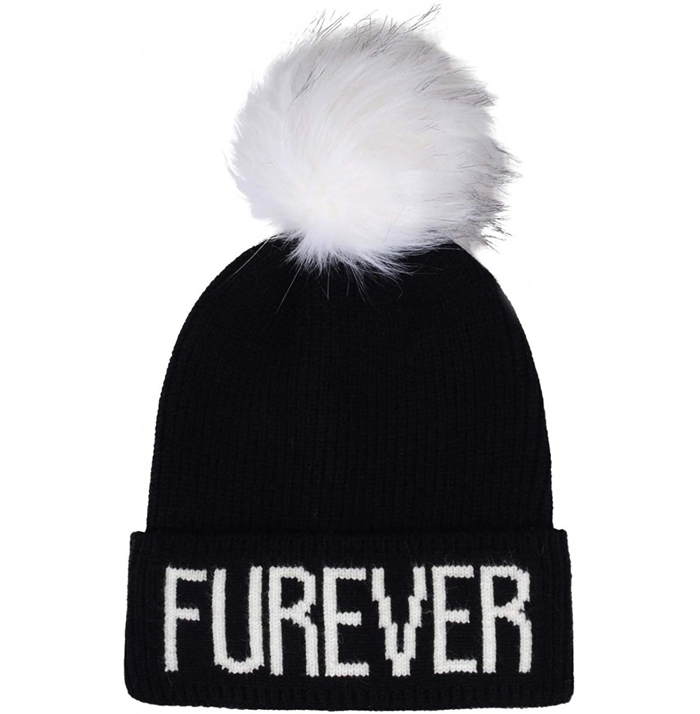 Skullies & Beanies Cat Lover Dog Lover Gift Soft Stretchy Furever Faux Fur Pompom Knit Beanie Skully Toque - Black Hat White ...