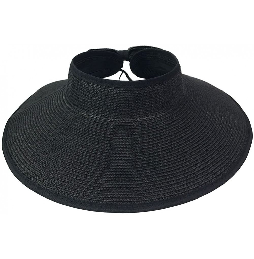 Sun Hats Women Sun Visor Hats Summer Roll Up Packable Wide Brim Straw Hat - Black - CR17YQIXXT7