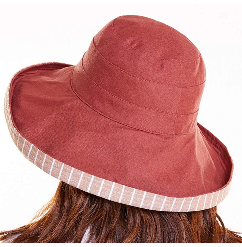 Sun Hats Bucket Hat for Women Double Side Wear Hat Girls Large Wide Brim Hat Packable Visor Caps - Wine Red (Stripes) - CD18S...
