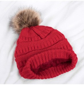 Skullies & Beanies Women Winter Knit Warm Beanie with Faux Fur Pompom Soft Chunky Baggy Skull Ski Cap - Red - C9192NYXAT3