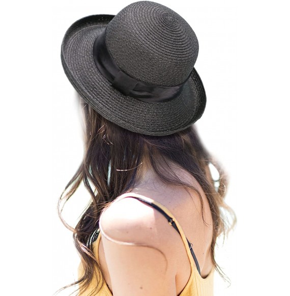 Sun Hats Women's Lightweight Packable Bucket Straw Sun Hat with Decorative Ribbon - Black - C618CCNGHZL
