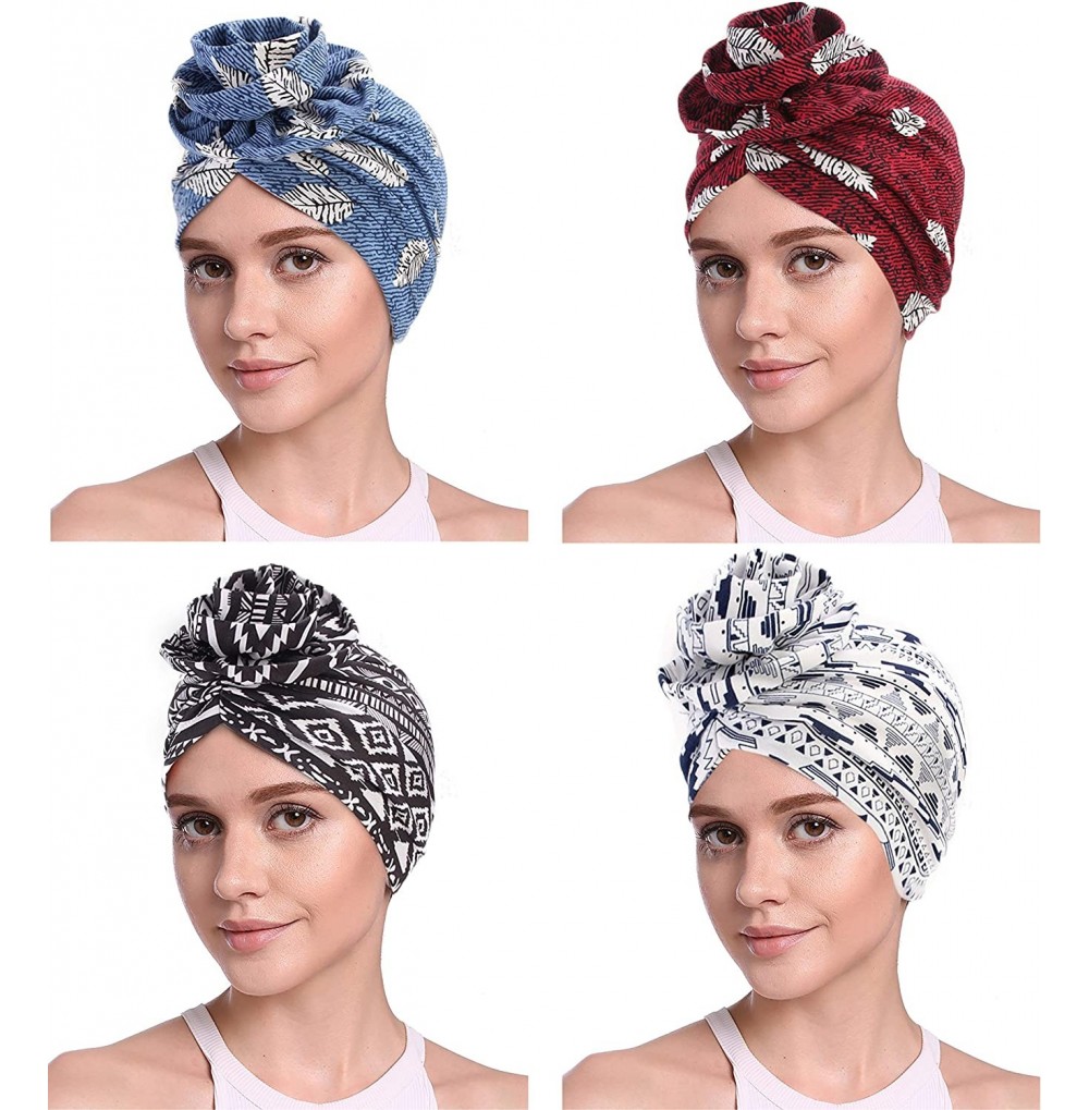 Skullies & Beanies Cotton Turbans for Women Flower Knot Headwrap Pre-Tied Bonnet Boho Pattern Chemo caps for Hair Loss - CS18...