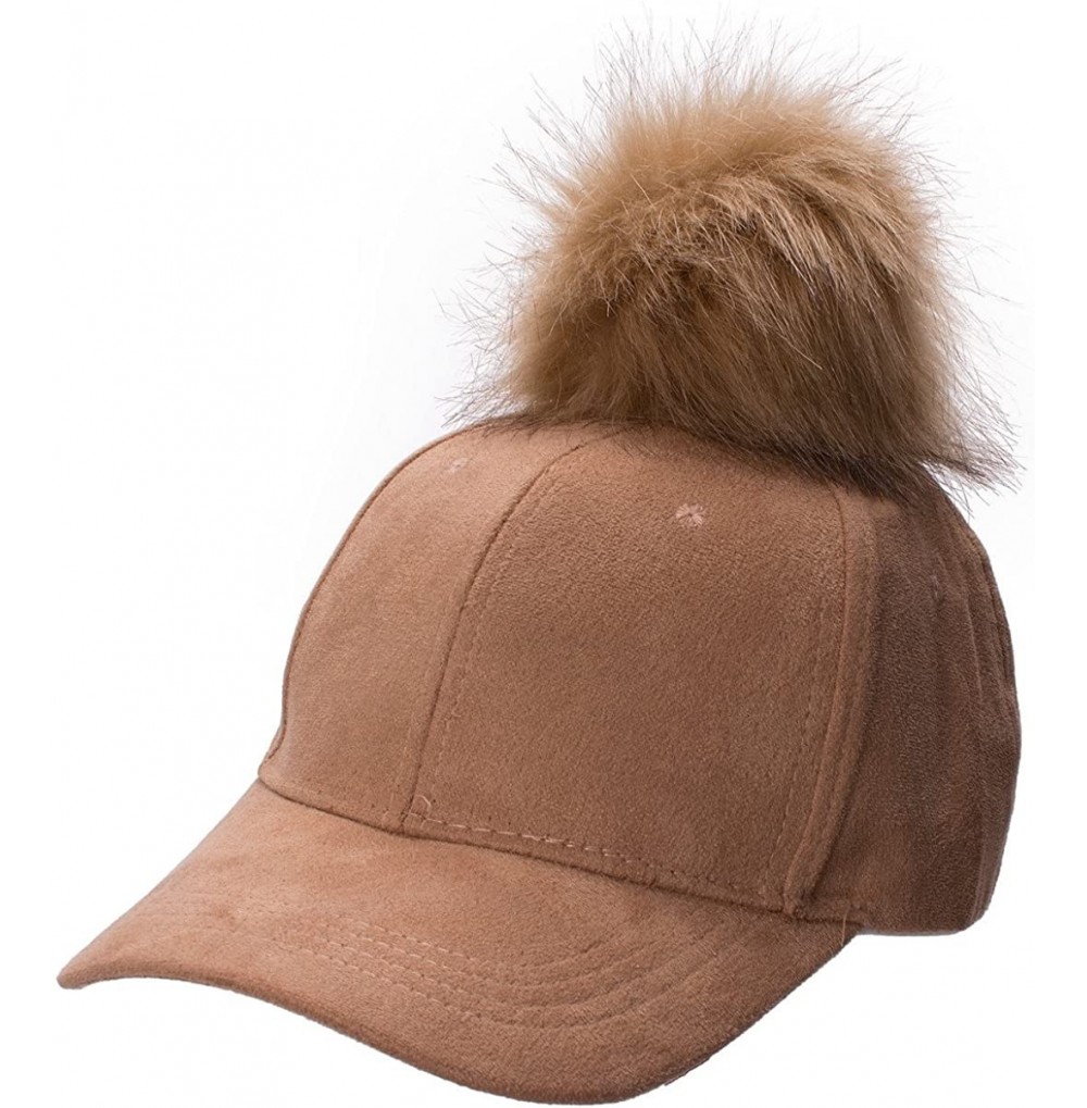 Baseball Caps Womens Adjustable Suede Baseball Cap Hip-Hop Hat Faux Fur Pom Pom A383 - Tan - CN187DI4XZ3