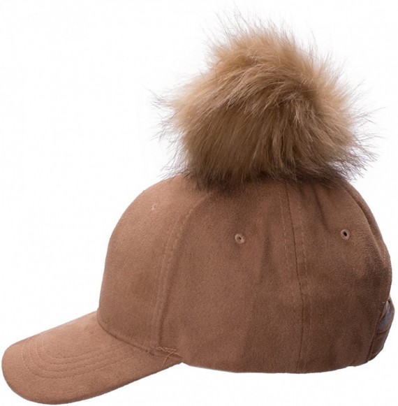 Baseball Caps Womens Adjustable Suede Baseball Cap Hip-Hop Hat Faux Fur Pom Pom A383 - Tan - CN187DI4XZ3