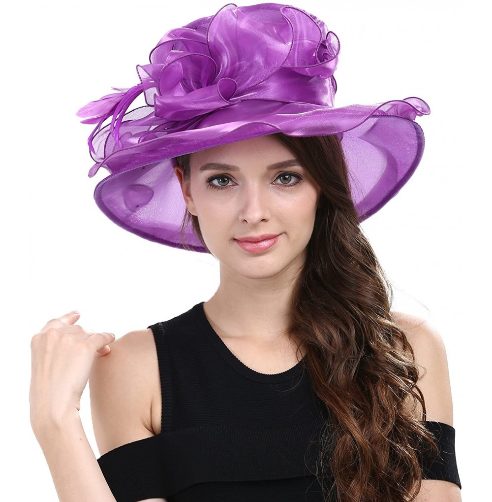 Sun Hats Women Kentucky Derby Fascinator Hat Vintage Easter Church Hat for Royal Ascot Wedding Tea Party - Purple - CZ11VQ2E7BL